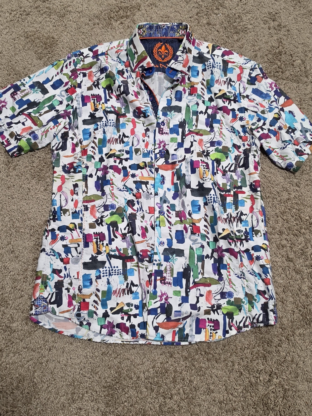 ​Au Noir Men's Designer Short Sleeve Abstract Print Button-Down Shirt, Size L